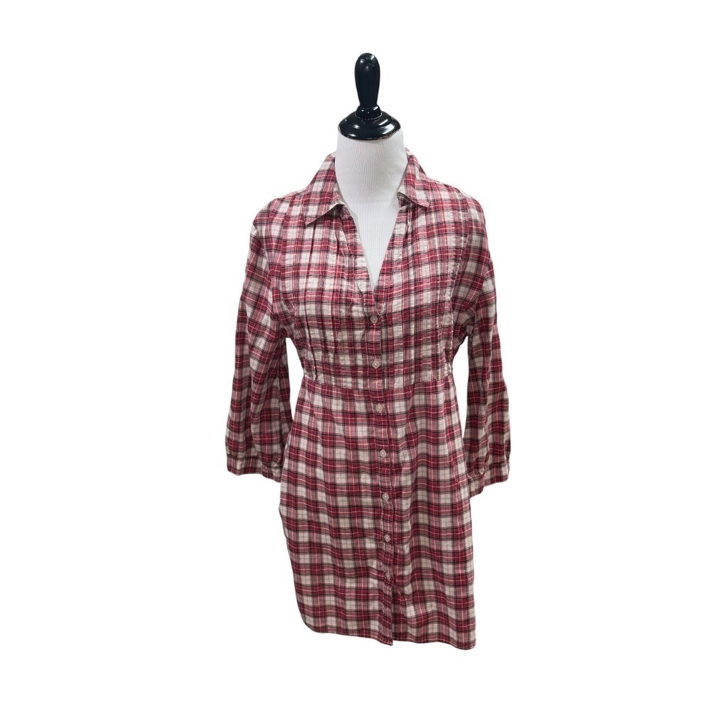 Massini Women's L Large Button Down Mini Dress Plaid V-Neck Pleated Chest